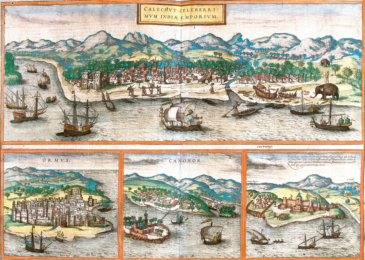 Udsigt over Kozhikode eller Calicut (Indien), Ormuz (Iran), Cannanore eller Kannur (Indien) og St. George of the Mine (S. George) eller Elmina (Ghana) (ætsning af Franz Hogenberg