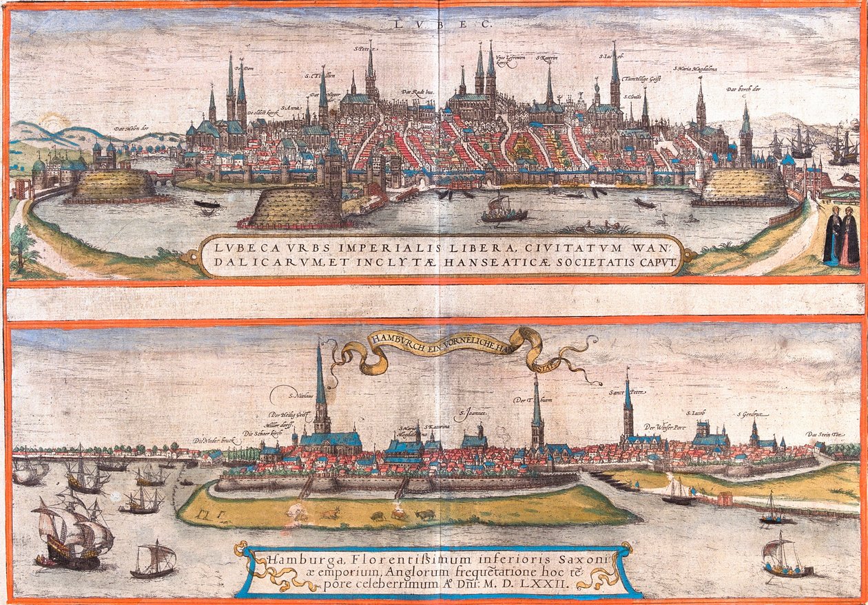Udsigt over Lubeck (Lubeca) og Hamborg (Hamburga), Tyskland (radering af Franz Hogenberg