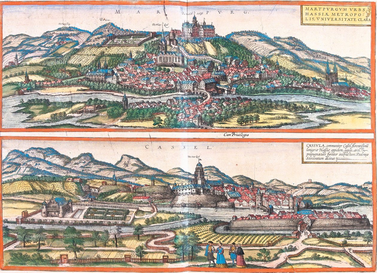 Udsigt over Marburg (Martpurgum) og Cassel (Cassila), Tyskland (radering af Franz Hogenberg