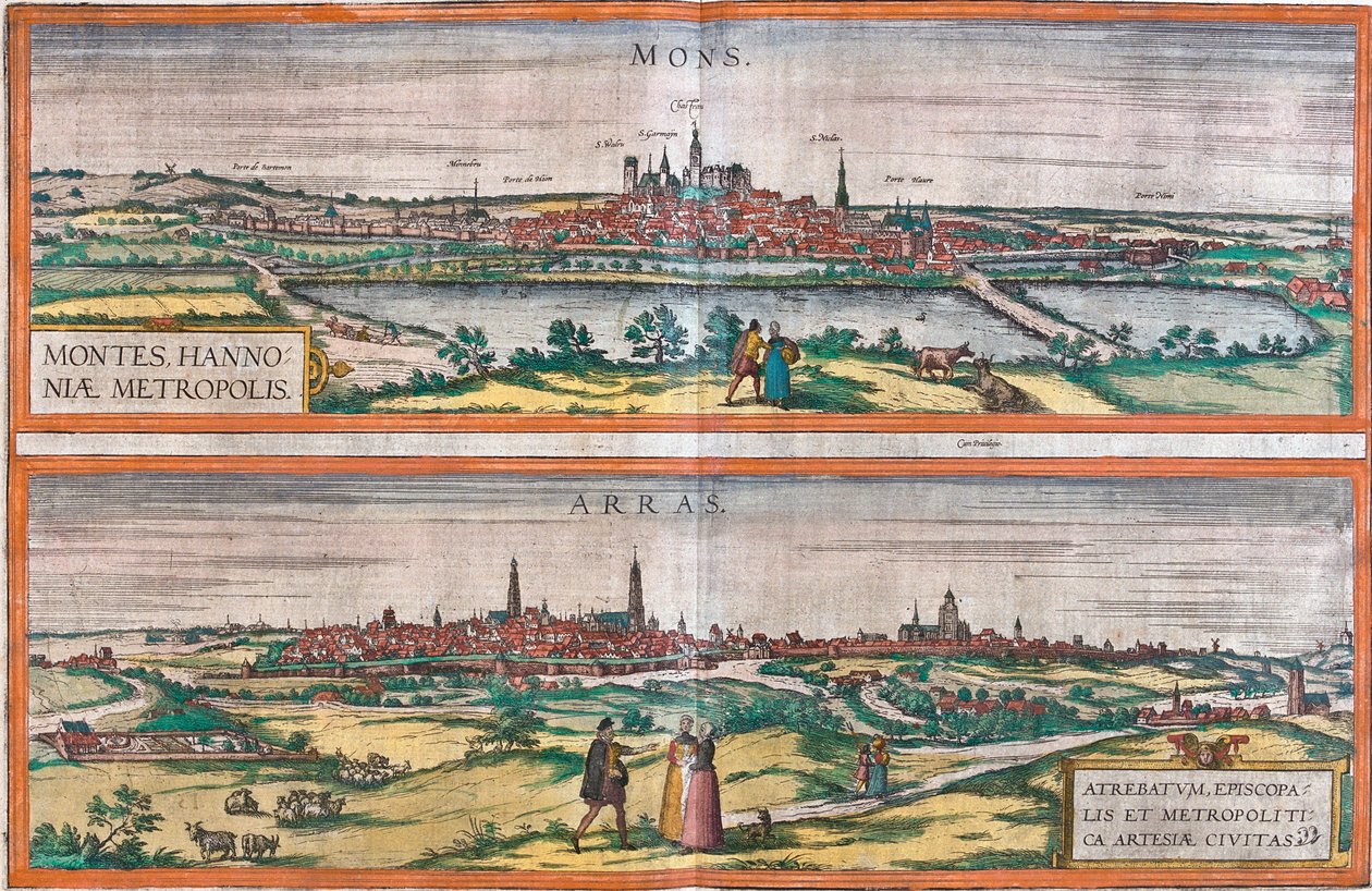 Udsigt over Mons (Montes) (Belgien) og Arras, Frankrig (radering af Franz Hogenberg