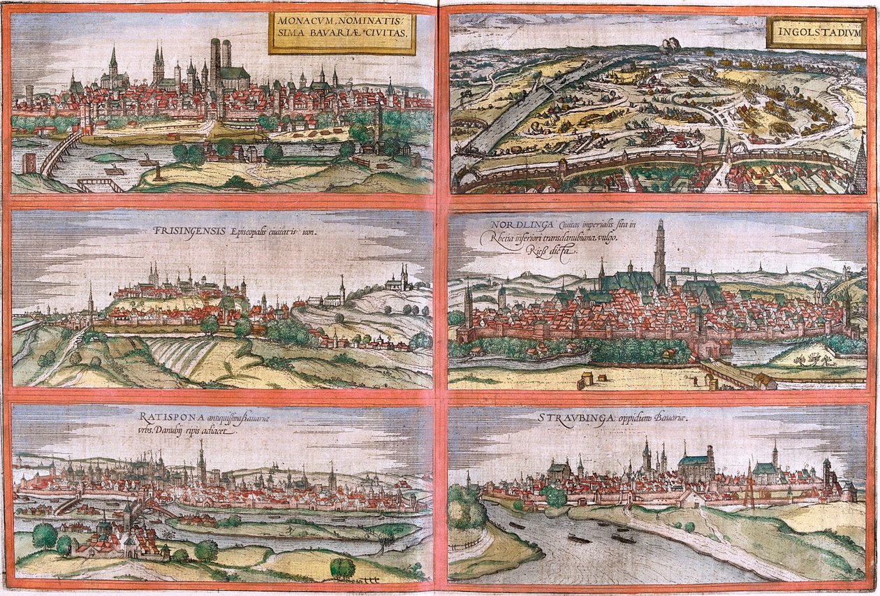 Udsigt over München (Monacum) Ingolstadt (Ingolstadium), Freising (Frisingensis), Nordlingen (Nordlinga), Regensburg (Ratispona) og Straubing (Stravbinga), Tyskland (radering) af Franz Hogenberg