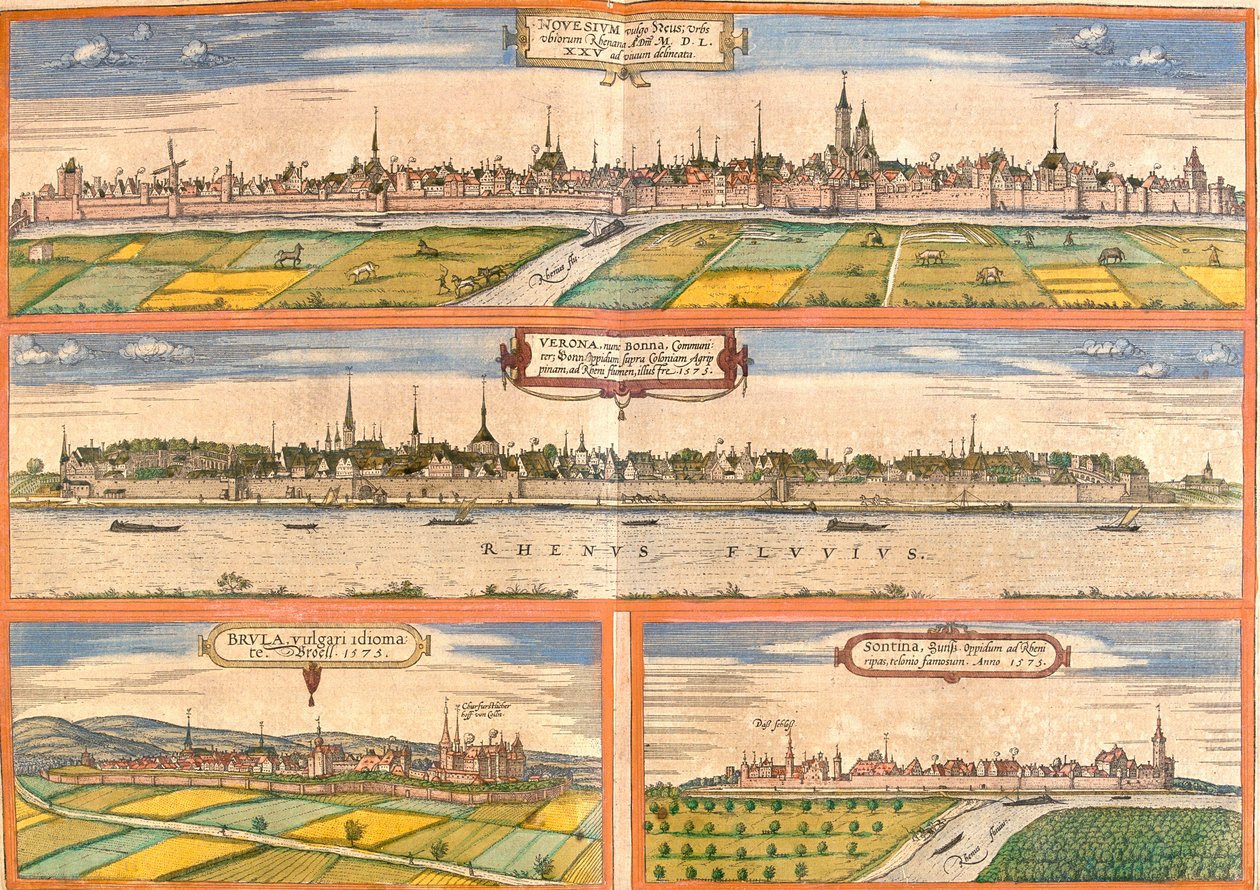 Udsigt over Neuss (Novesium), Bonn (Verona), Bruhl (Brula) og Zons (Sontina), Tyskland (radering af Franz Hogenberg