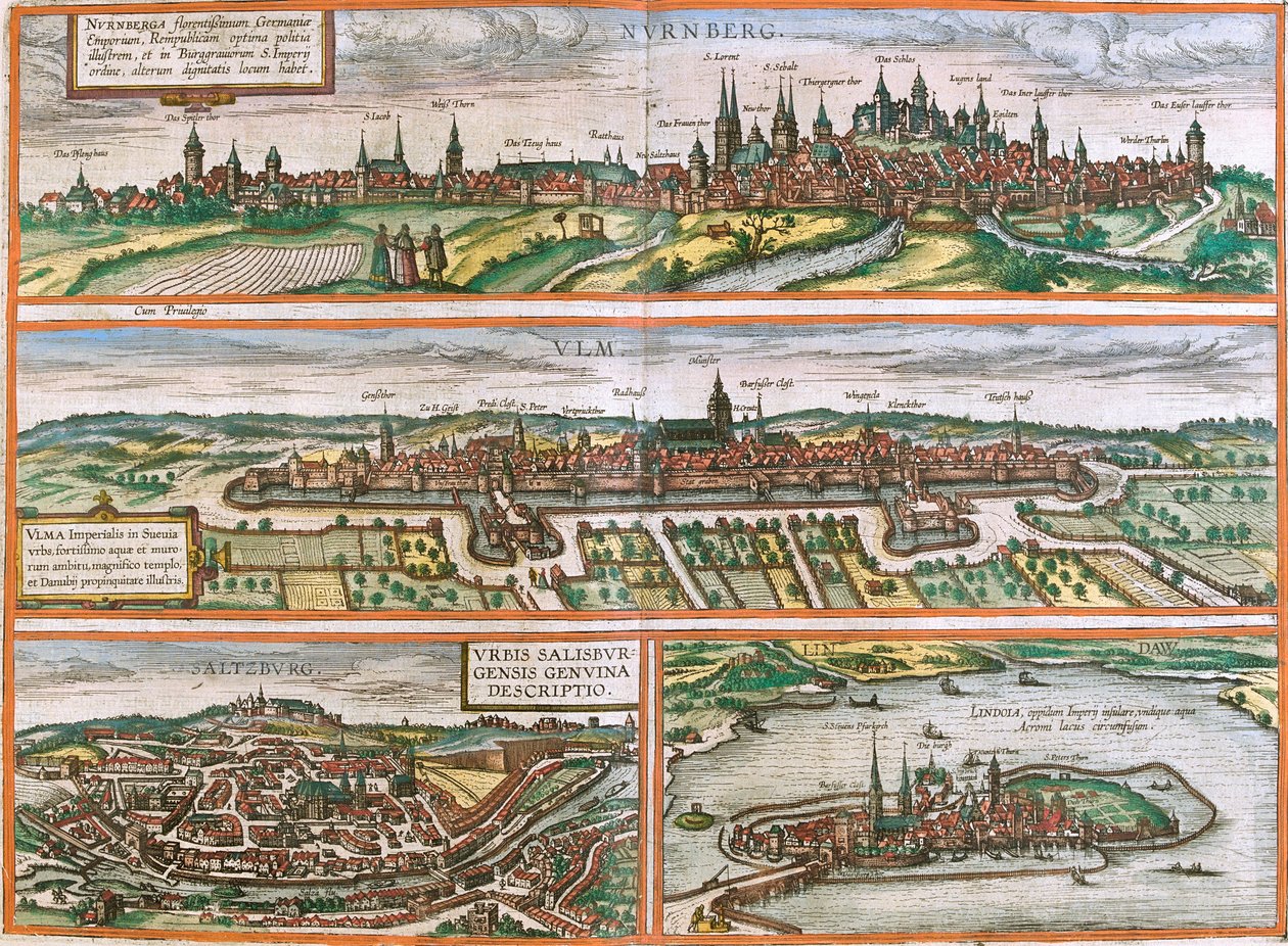 Udsigt over Nürnberg (Nurnberga), Ulm (Ulma), Lindau (Lindola), Tyskland og Salzburg (Salisburgensis) i Østrig (radering af Franz Hogenberg