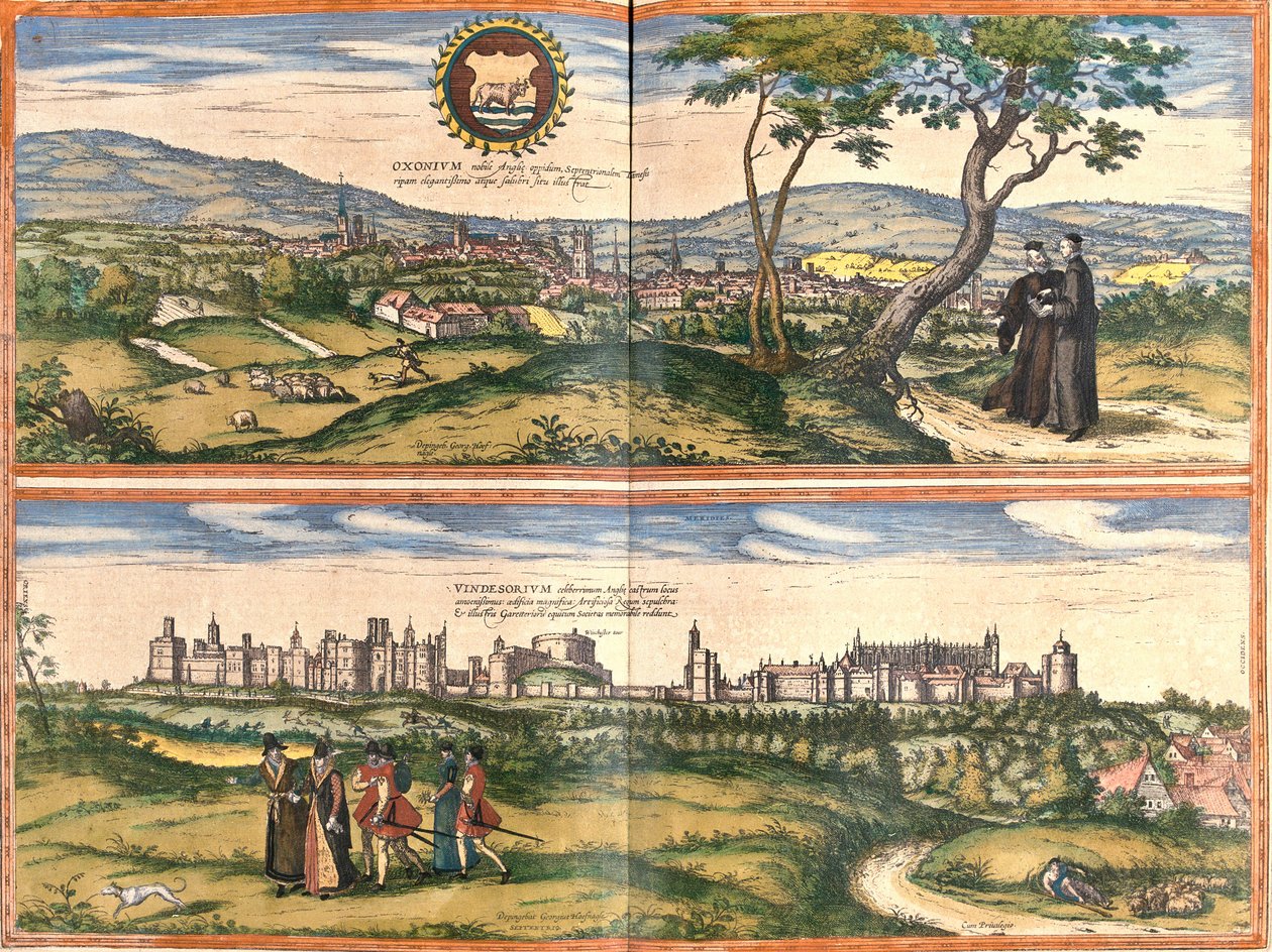 Udsigt over Oxford (Oxonium) og Windsor (Vindesorium), England (ætsning af Franz Hogenberg