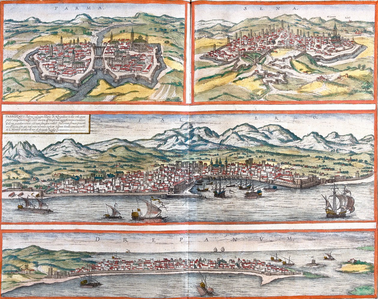 Udsigt over Parma (Parma), Siena (Sena), Palermo (Panhormus) og Trapani (Drepanum) (Sicilien), Italien (ætsning af Franz Hogenberg