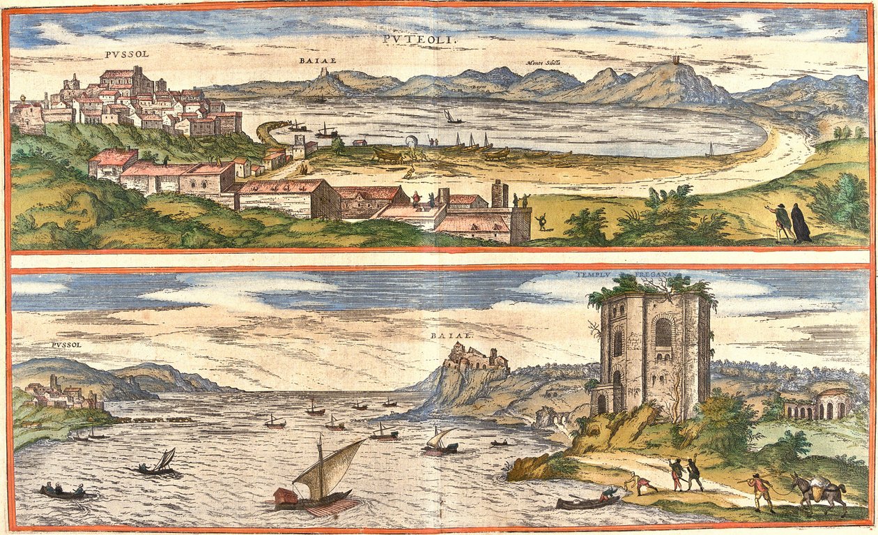 Udsigt over Pozzoli (Puteoli) og bugter (Baiae) (nuværende Baia), Italien, med de gamle rester af de termiske bade i Napoli-bugten og en fæstning (ætsning af Franz Hogenberg