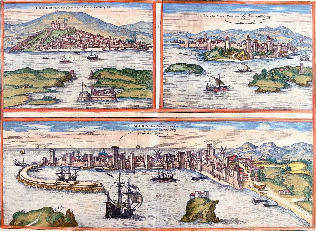 Udsigt over Sibenik (Sibinium, Sibenicho), Porec (Parens, Parentium), Kroatien og Modon (Modona), Grækenland (radering af Franz Hogenberg