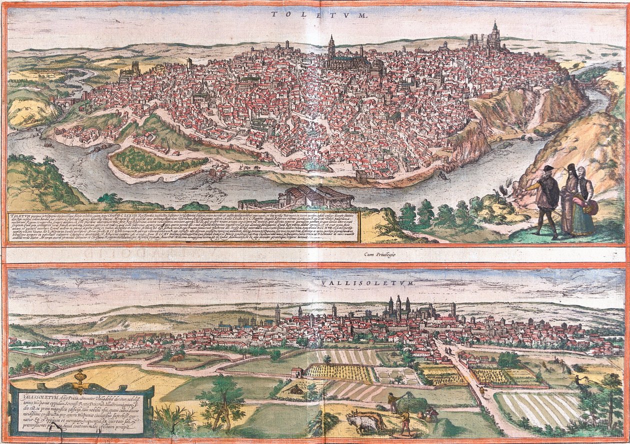 Udsigt over Toledo og Valladolid (Vallisoletum), Spanien (radering af Franz Hogenberg
