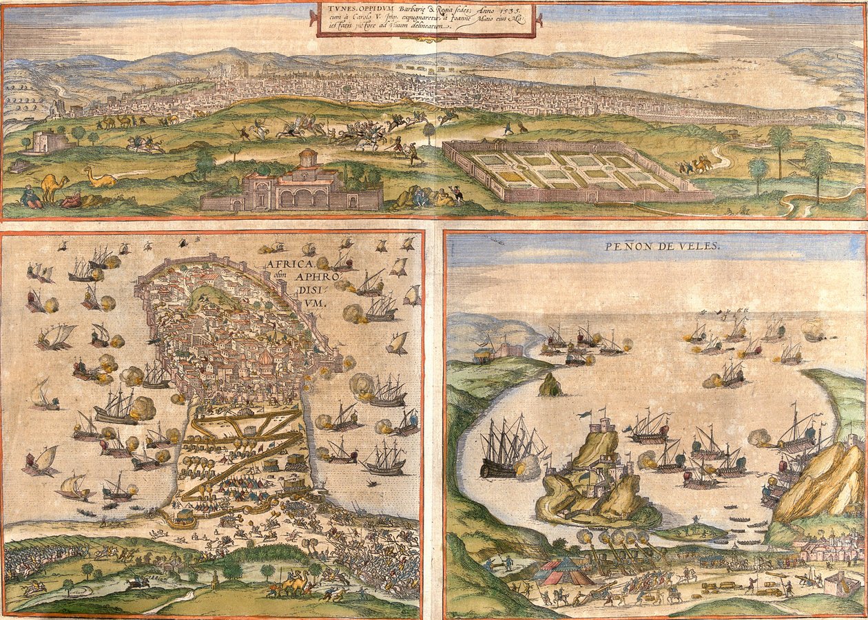 Udsigt over Tunis (Tunes) og Mahdia (Aphrodisium) i Tunesien, og Penon de Velez de la Gomera eller Badis (Bades) (Penon de Veles), penon de Veles, omstridt mellem Spanien og Marokko (radering). af Franz Hogenberg