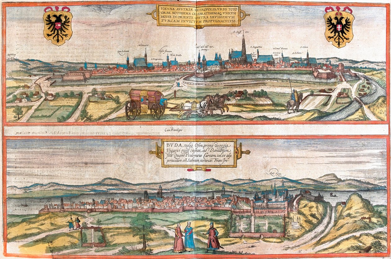 Udsigt over Wien (Wien), Østrig og Budapest (Buda), Ungarn (radering af Franz Hogenberg