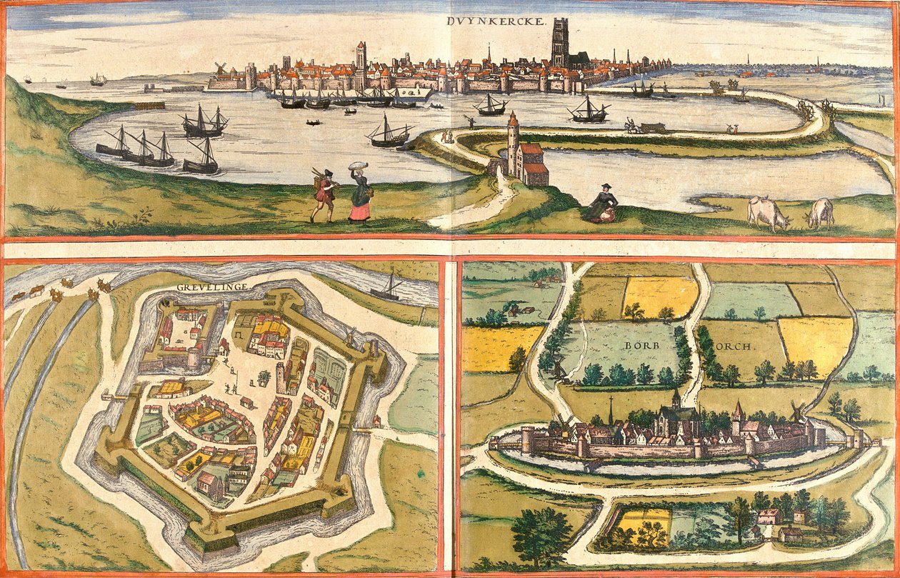 Udsigt over Dunkerque (Duynkercke), Gravelines (Grevelinge) og Bourbourg (Borborch), Frankrig (radering af Franz Hogenberg