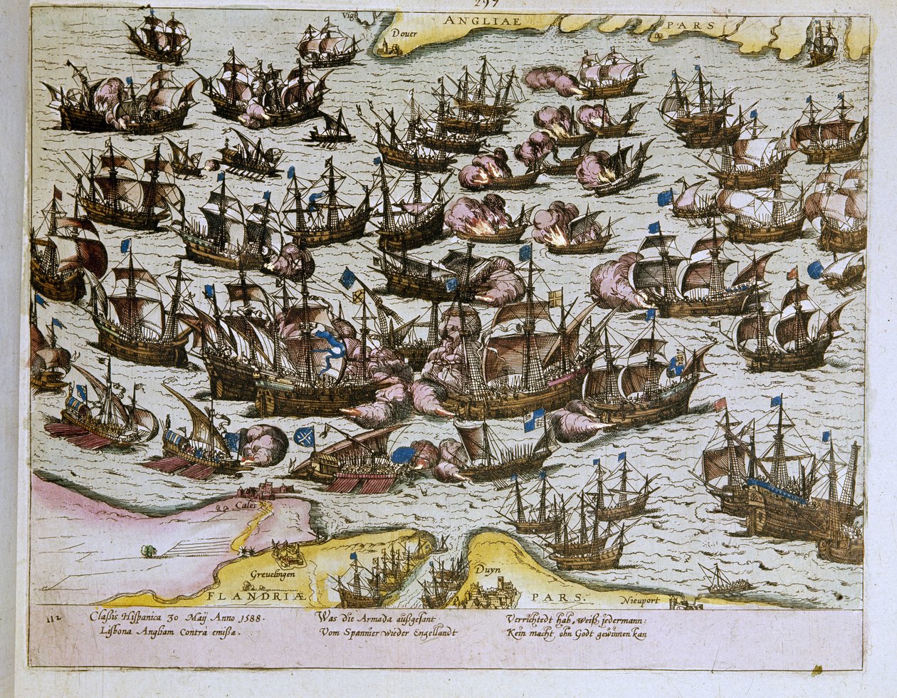 nederlaget for den usynlige spanske armada ved de engelske kyster den 08/08/1588, illustration fra 1653 (gravering) af Franz Hogenberg