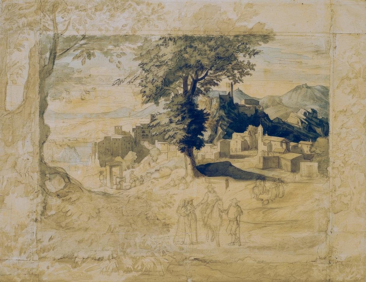 Italiensk landskab med stabsfigurer af Franz Horny