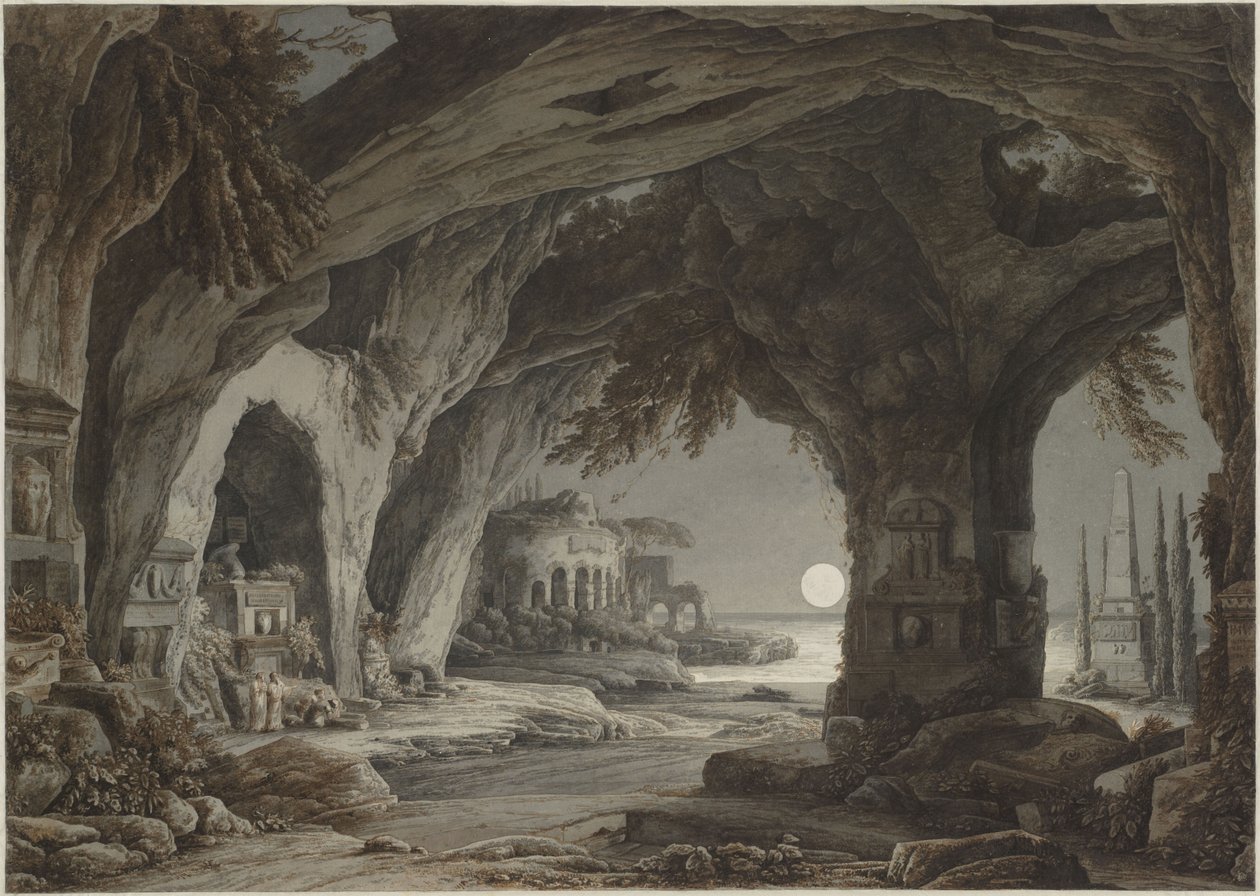 Ideelt landskab med klippegrotte, grave og ruiner i måneskin, ca. 1790. af Franz Innocenz Josef Kobell