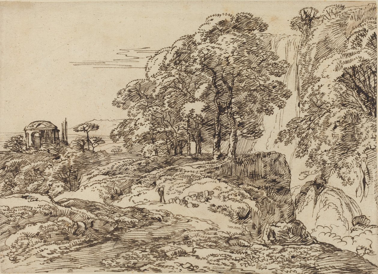 Pastoralt landskab med et vandfald og et tempel af Franz Innocenz Josef Kobell