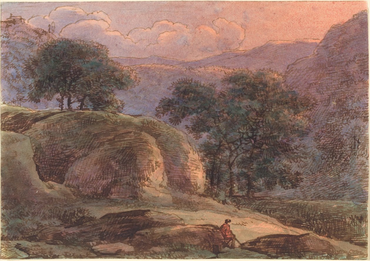 Rejsende i et bjergrigt landskab ved solnedgang af Franz Innocenz Josef Kobell