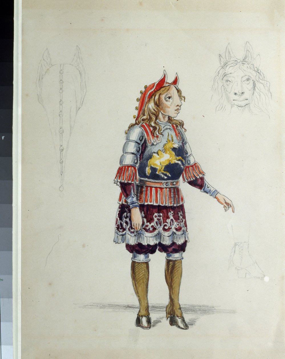 Kostumedesign til balletten ""Le petit cheval pukkelryg"" af Cesare Pugni (1802-1870) (kostumedesign til balletten Den lille pukkelryggede hest af C. Pugni). Den lille hest. Værk af Franz Iosifovich Nordmark, blyant og akvarel på papir af Franz Iosifovich Nordmark