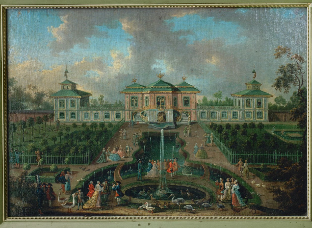 Hoflivet i parken ved Augustusburg Slot omkring det indiske hus, set fra vest ... af Franz Jakob Rousseau