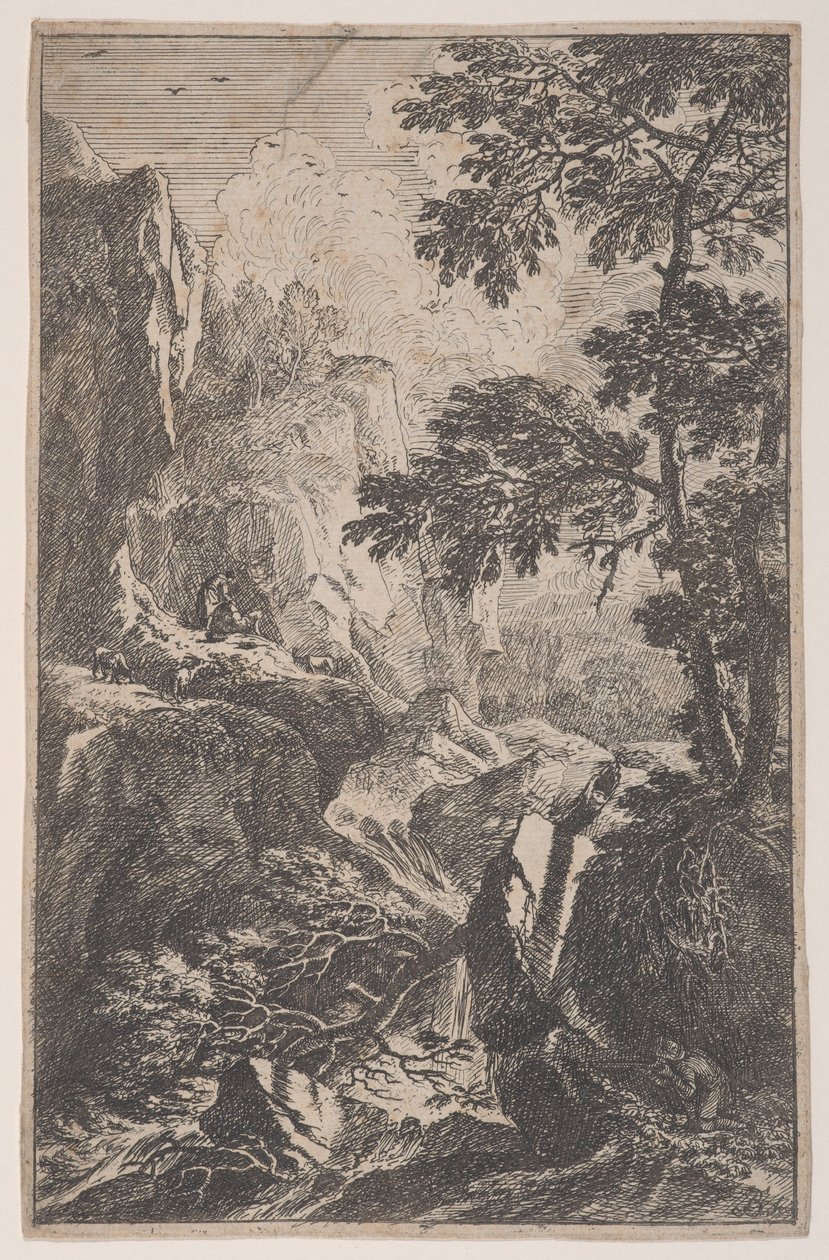 Plade 2: en jæger, der sigter med sin pistol, knælende ved siden af en stor sten til højre, en ma..., ca. 1700-25. af Franz Joachim Beich