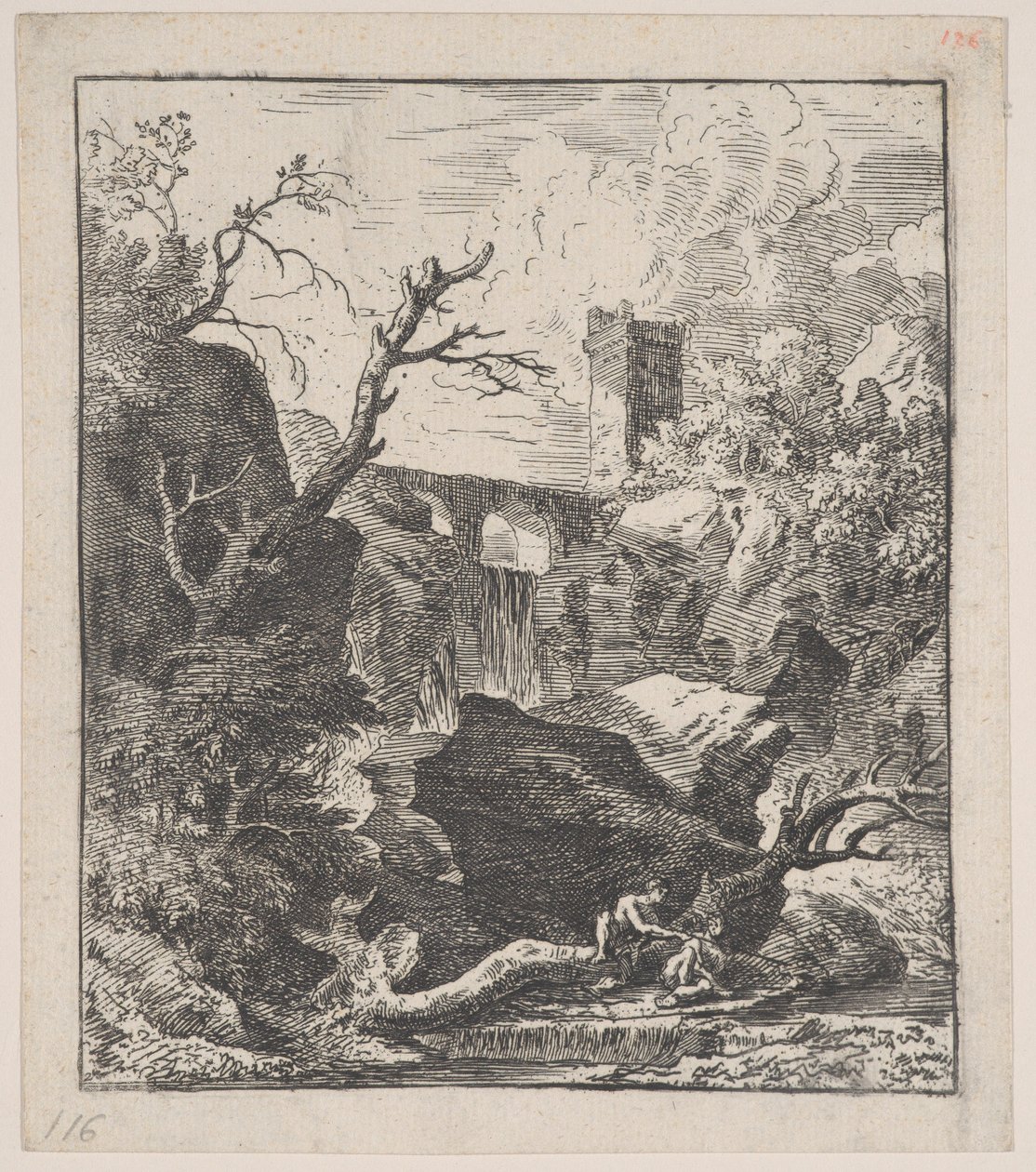 Plade 2: to figurer, der sidder på en træstamme på bredden af en å i forgrunden,..., ca. 1700-25. af Franz Joachim Beich