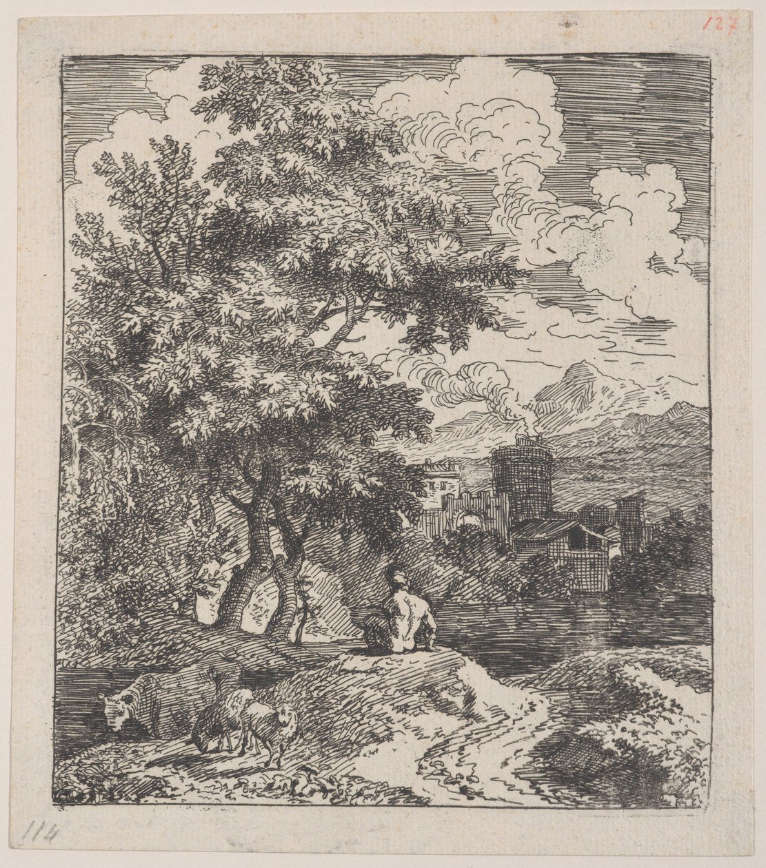 Plade 3: en hyrde siddende på en bakke, en ko og to får til venstre, og en by i Ri..., ca. 1700-25. af Franz Joachim Beich