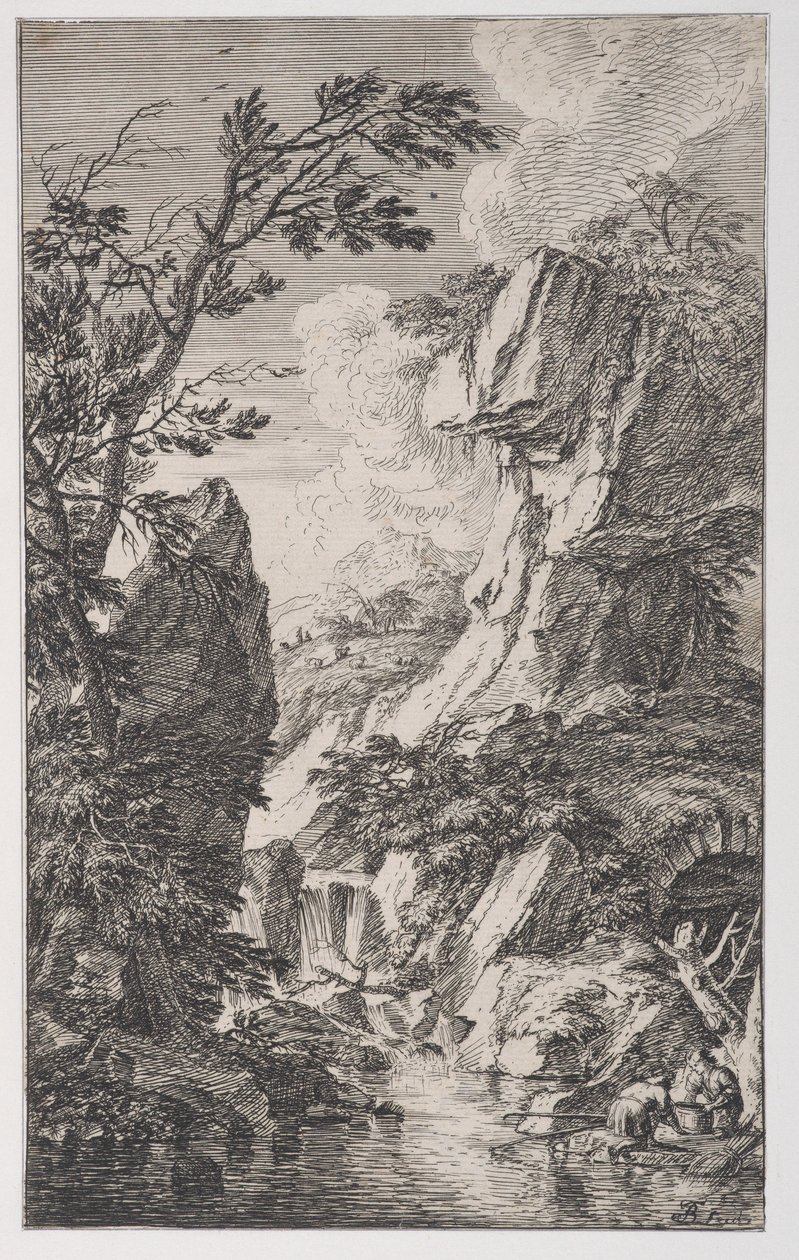Plade 4: to fiskere på bredden af et vandløb til højre, et vandfald i midten, fra..., ca. 1700-25. af Franz Joachim Beich