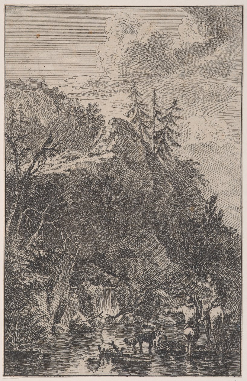 Tavle 5: kvindefigur til hest og en mandlig figur med en hund stående i en stre..., ca. 1700-25. af Franz Joachim Beich