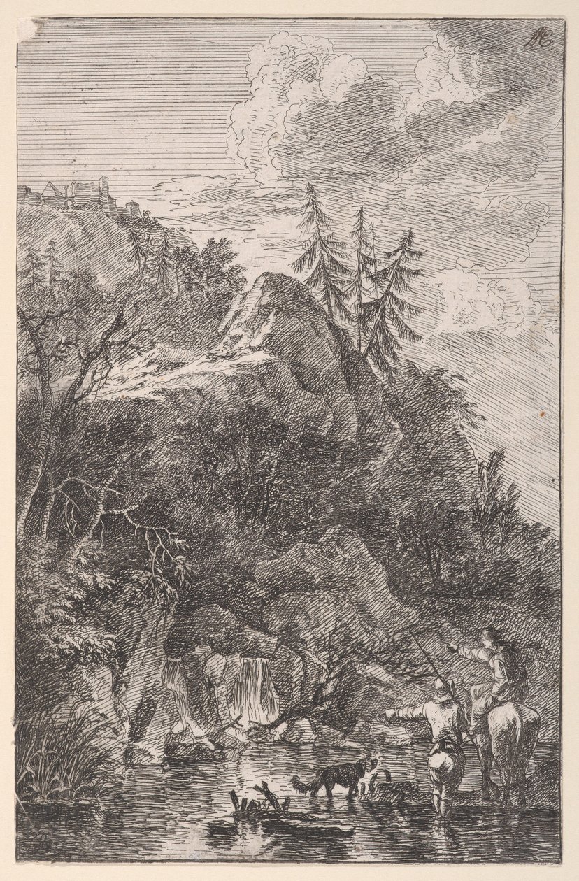 Tavle 5: kvindefigur til hest og en mandsfigur med en hund stående i en stre..., ca. 1700-25. af Franz Joachim Beich