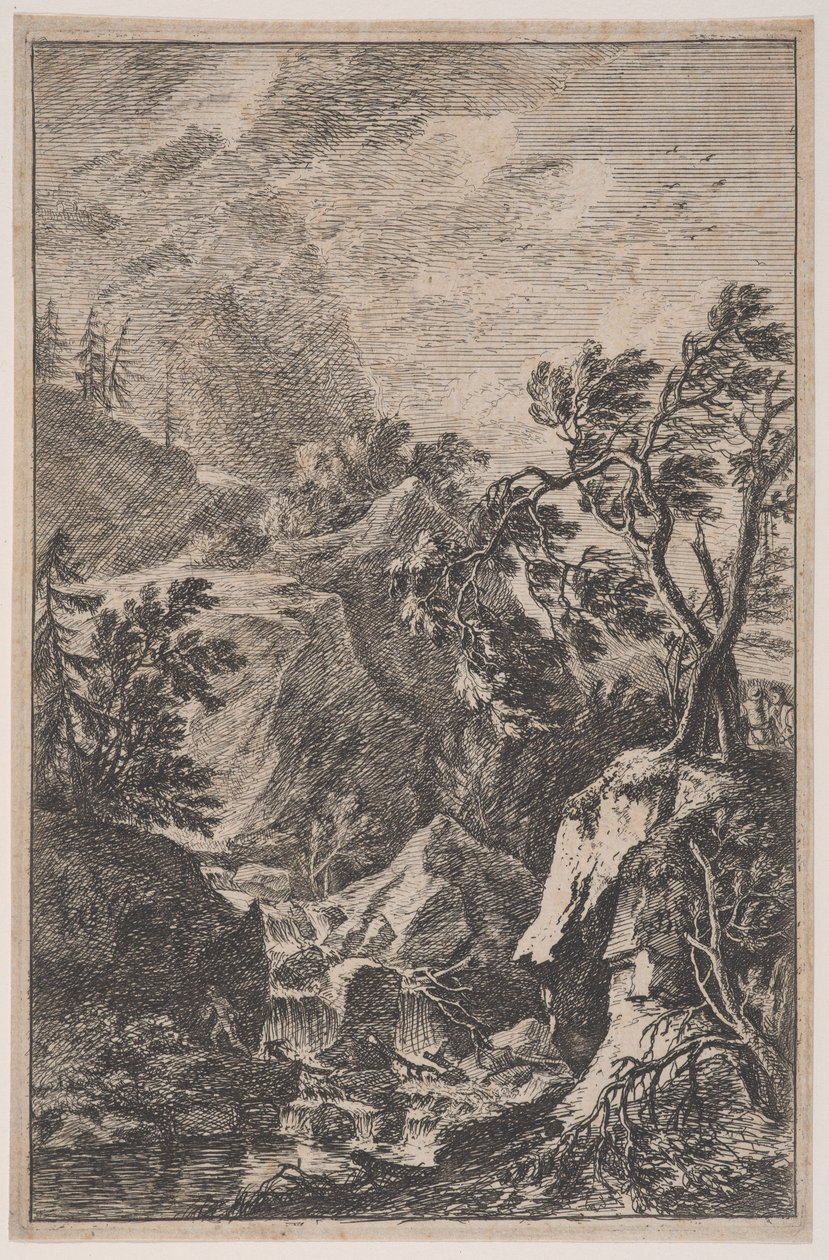 Plade 6: to mandsfigurer stående på en sten til højre, et vandfald i midten med en..., ca. 1700-25. af Franz Joachim Beich