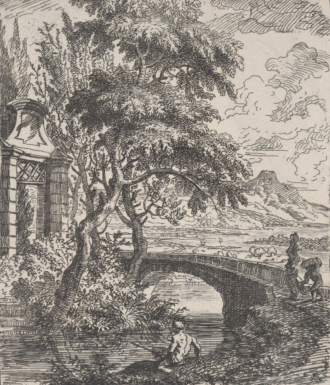 Plade 7: to figurer til højre ved at krydse en stenbro, en fisker i for..., ca. 1700-25. af Franz Joachim Beich