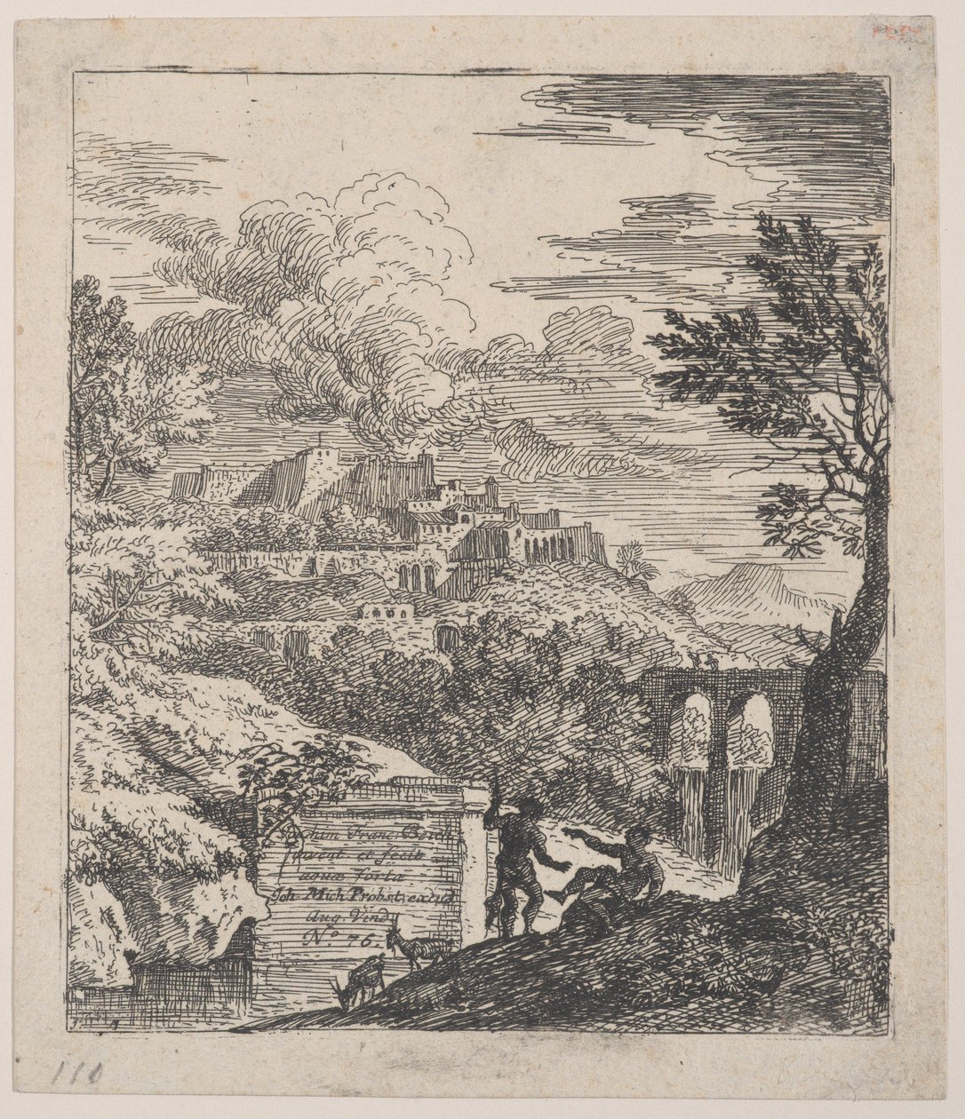 To hyrder hviler ved siden af en piedestal, en akvædukt til højre i baggrunden, en..., ca. 1700-25. af Franz Joachim Beich