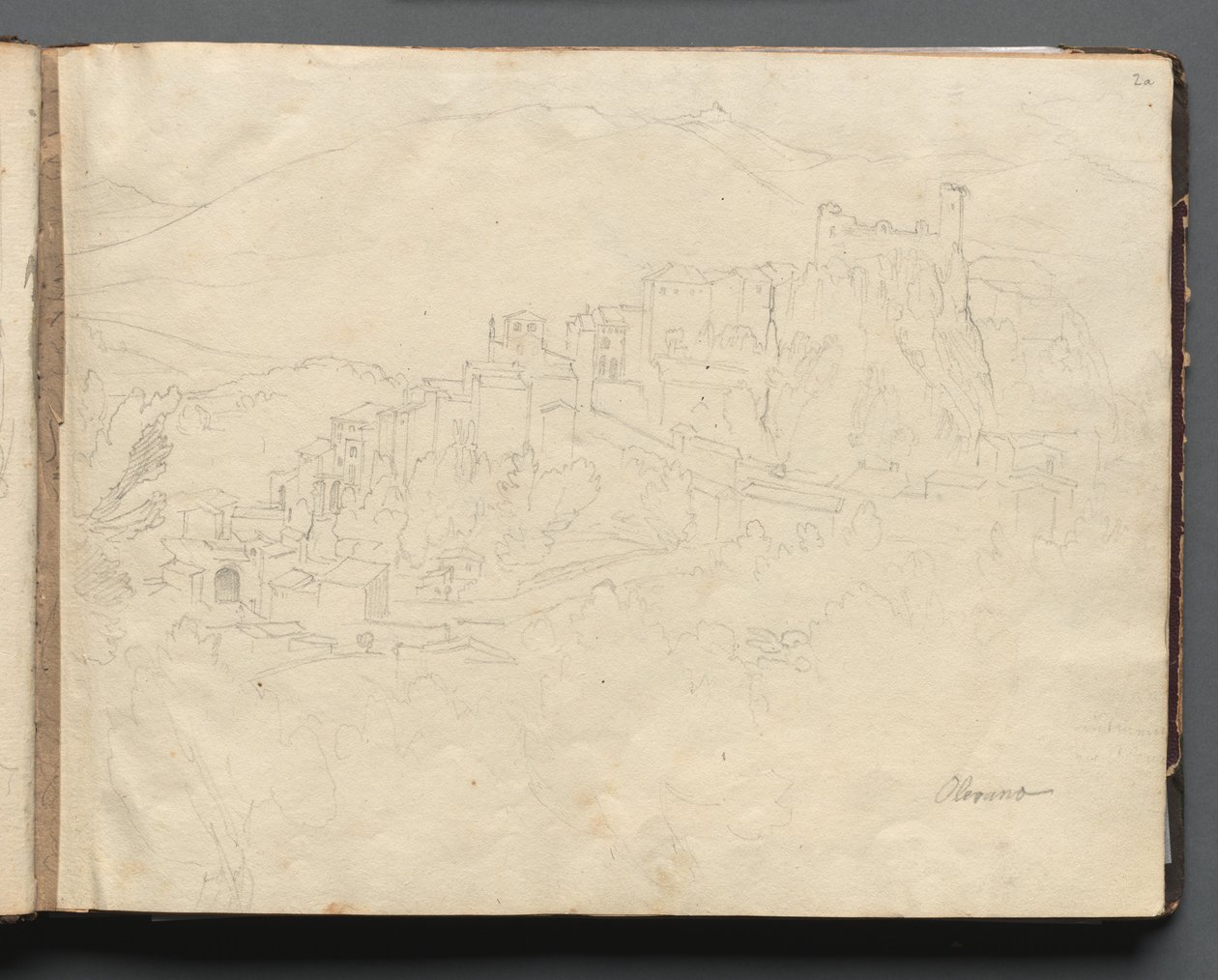 Album med udsigter over Rom og omegn, landskabsstudier, side 02a: "Olevano" af Franz Johann Heinrich Nadorp