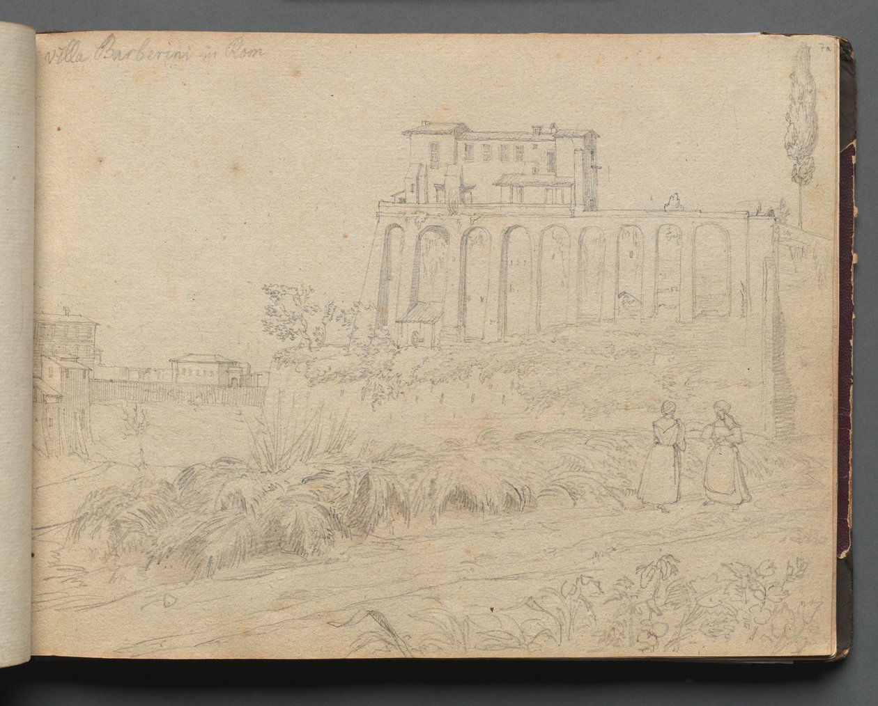 Album med udsigt over Rom og omgivelser, Landskabsstudier, side 07a: Villla Barberini i Rom. af Franz Johann Heinrich Nadorp