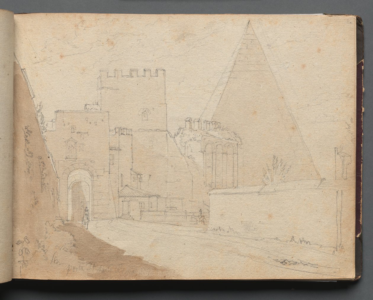 Album med udsigt over Rom og omgivelser, Landskabsstudier, side 08a: Porta St. Paolo. af Franz Johann Heinrich Nadorp