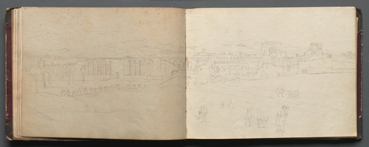 Album med udsigt over Rom og omgivelser, Landskabsstudier, side 08b og 09 a: Panoramaudsigt…. af Franz Johann Heinrich Nadorp