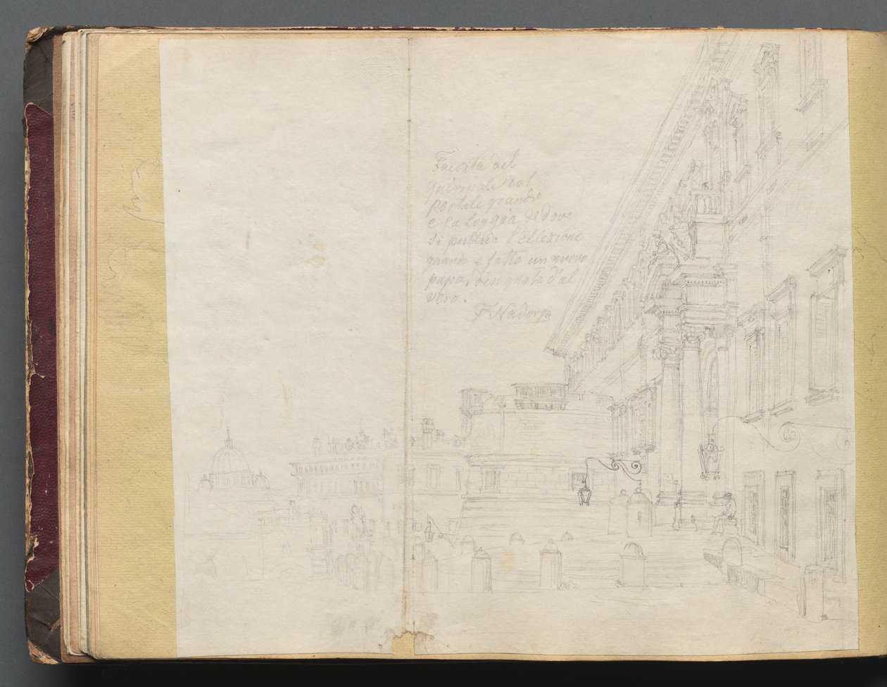 Album med udsigt over Rom og omgivelser, Landskabsstudier, side 15b: Romersk arkitektonisk udsigt. af Franz Johann Heinrich Nadorp