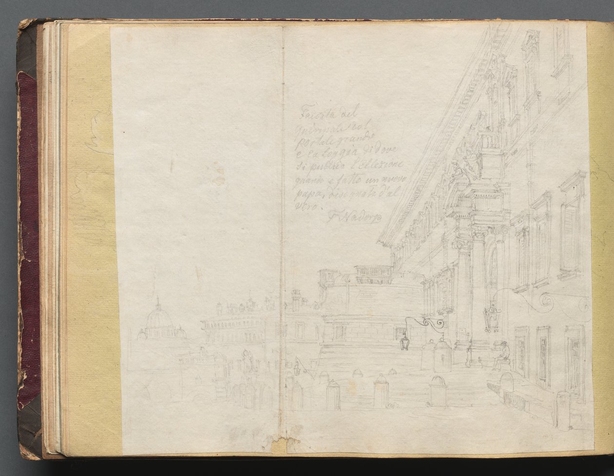 Album med udsigt over Rom og omgivelser, Landskabsstudier, side 15b: Romersk arkitektonisk udsigt af Franz Johann Heinrich Nadorp