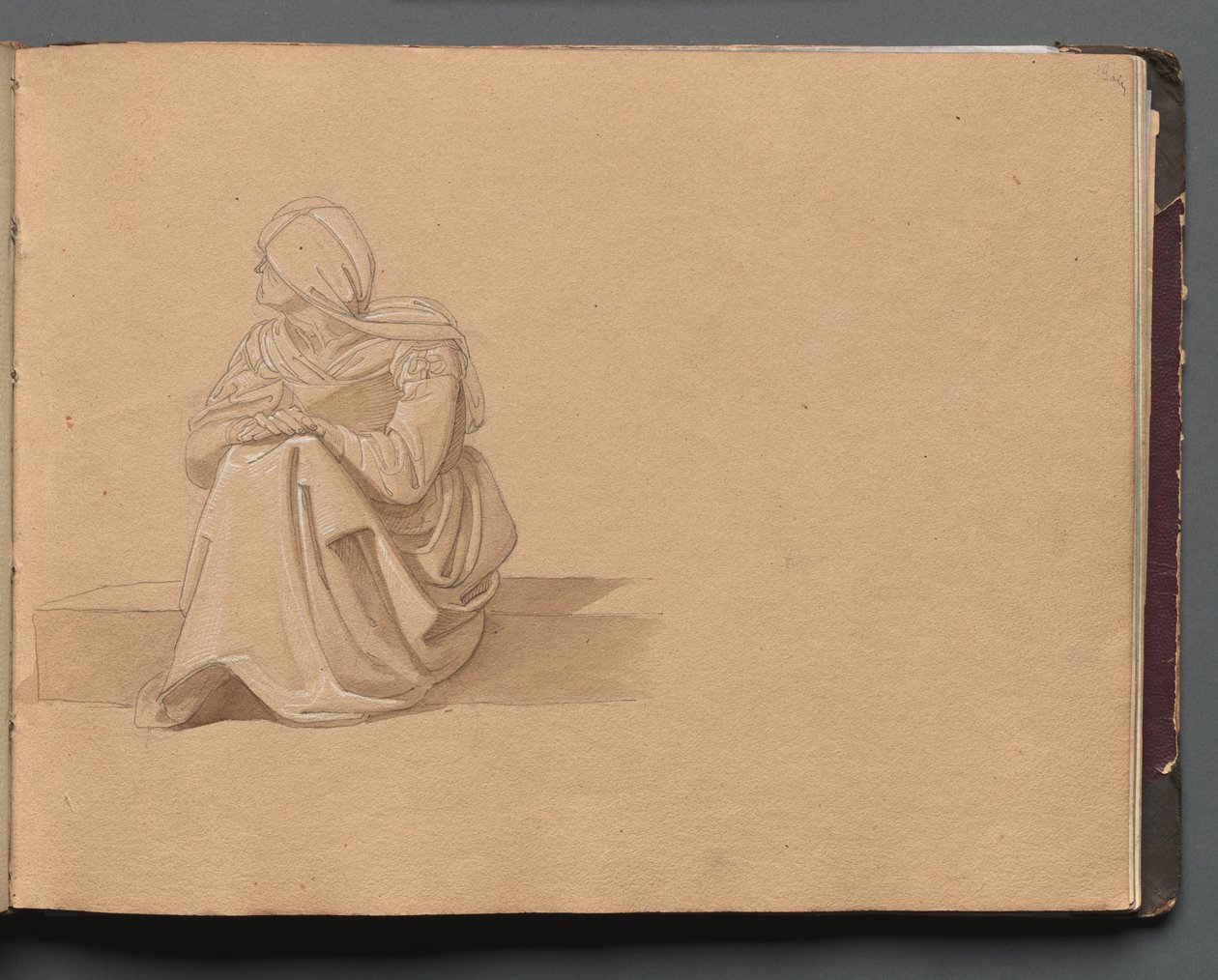 Album med udsigt over Rom og omgivelser, Landskabsstudier, side 19a: Siddende kvindefigur. af Franz Johann Heinrich Nadorp