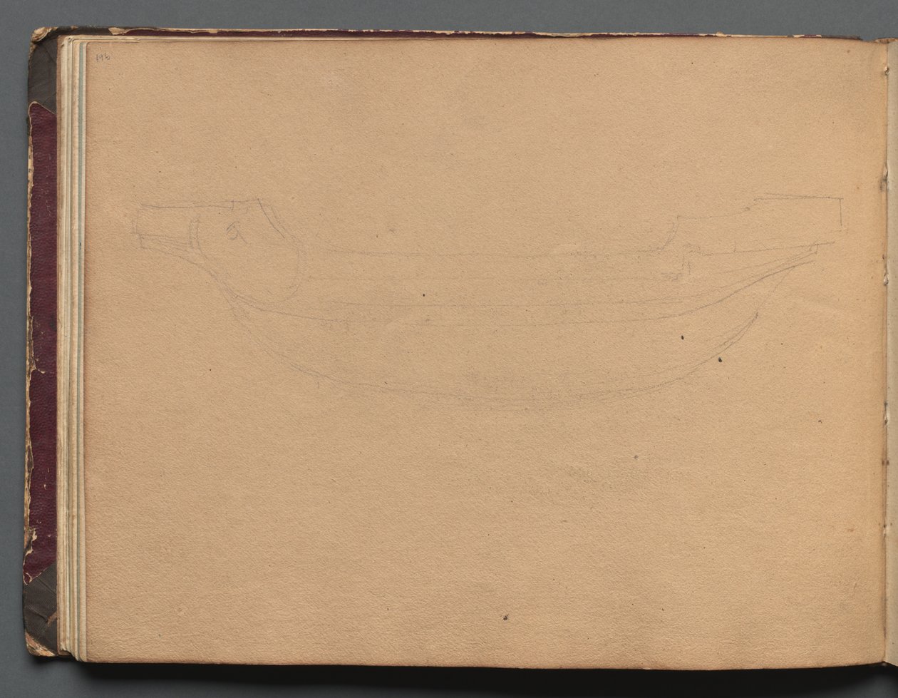 Album med udsigt over Rom og omgivelser, Landskabsstudier, side 19b: Skitse af en båd. af Franz Johann Heinrich Nadorp