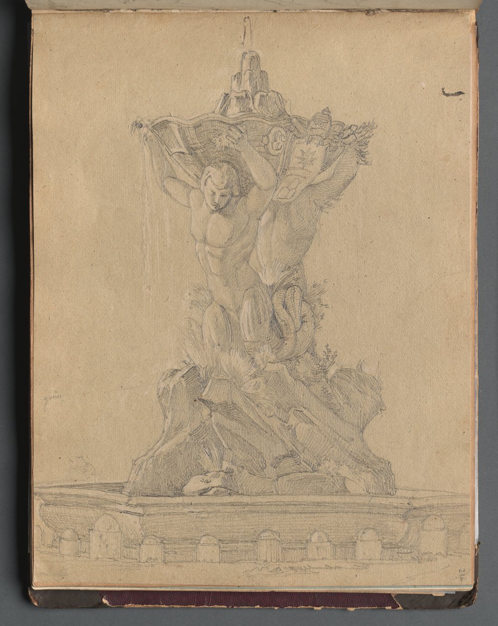 Album med udsigt over Rom og omgivelser, Landskabsstudier, side 21a: Romersk springvand af Franz Johann Heinrich Nadorp
