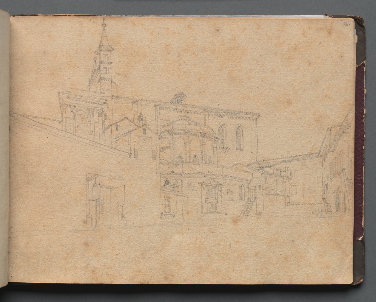 Album med udsigt over Rom og omgivelser, Landskabsstudier, side 26a: Romersk arkitektonisk udsigt af Franz Johann Heinrich Nadorp