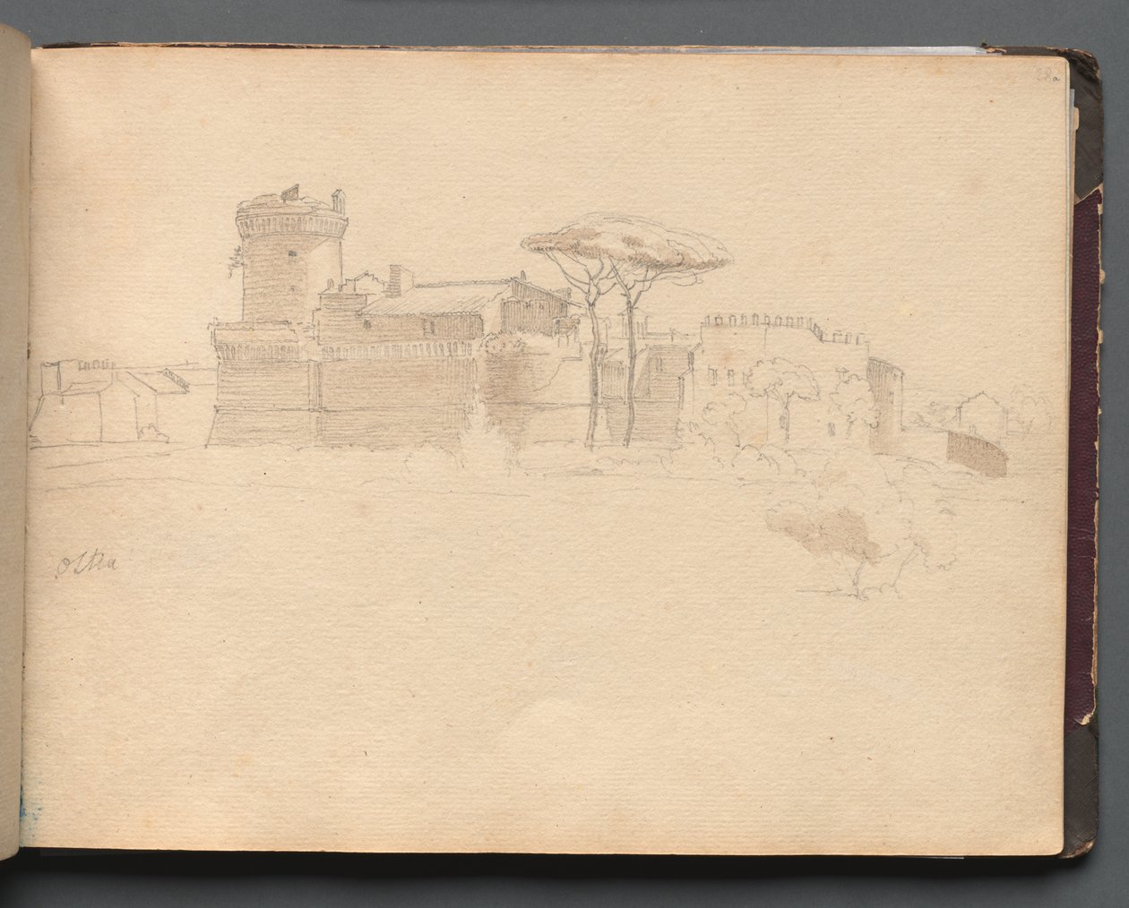 Album med udsigt over Rom og omgivelser, Landskabsstudier, side 28a: "Ostia" af Franz Johann Heinrich Nadorp