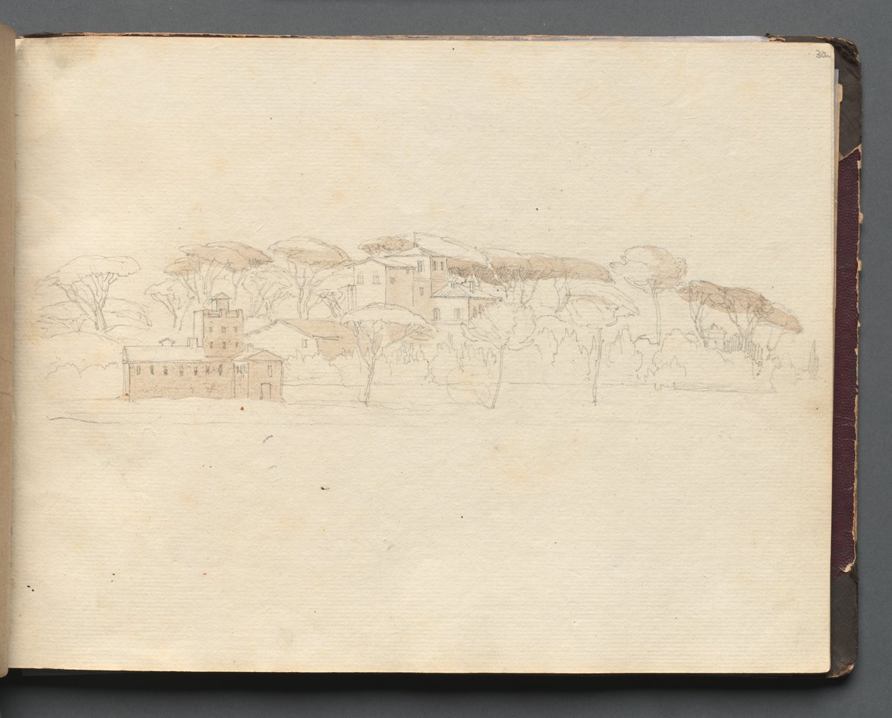 Album med udsigt over Rom og omgivelser, Landskabsstudier, side 30a: Romersk panoramaudsigt. af Franz Johann Heinrich Nadorp