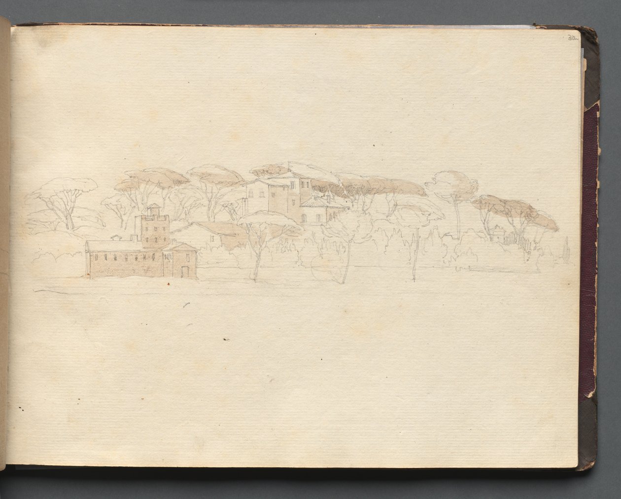 Album med udsigt over Rom og omgivelser, Landskabsstudier, side 30a: Romersk panoramaudsigt af Franz Johann Heinrich Nadorp