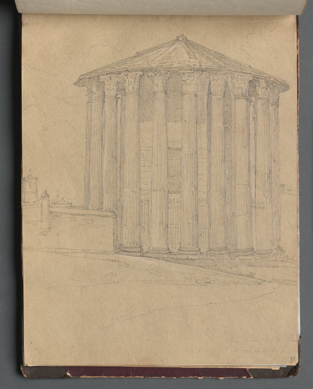 Album med udsigt over Rom og omgivelser, Landskabsstudier, side 32a: Romersk tempel af Franz Johann Heinrich Nadorp