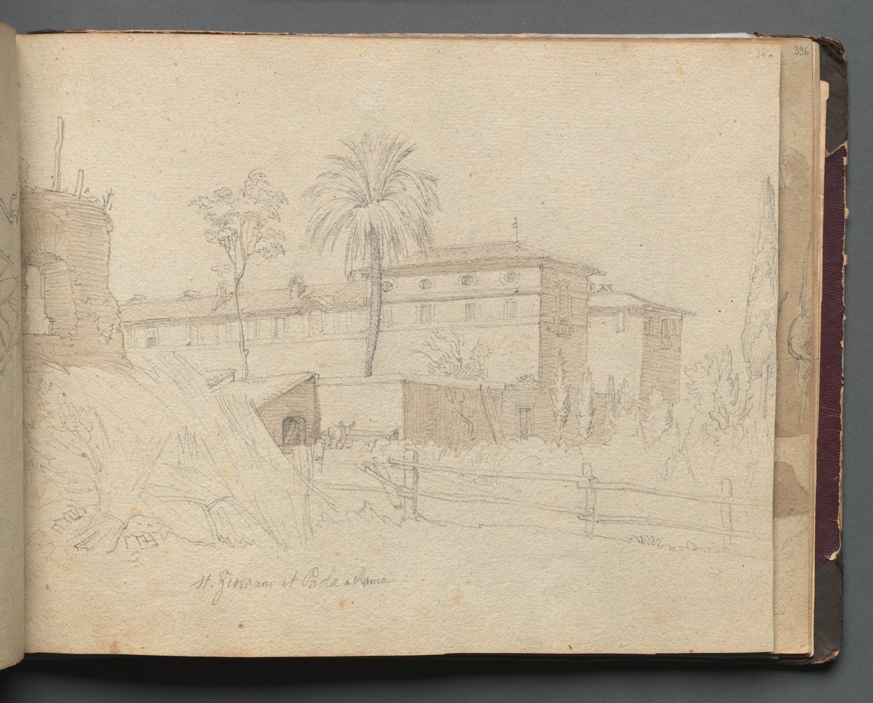 Album med udsigt over Rom og Omegn, Landskabsstudier, side 38a: :St. Giovanni e Paolo, Rom" af Franz Johann Heinrich Nadorp