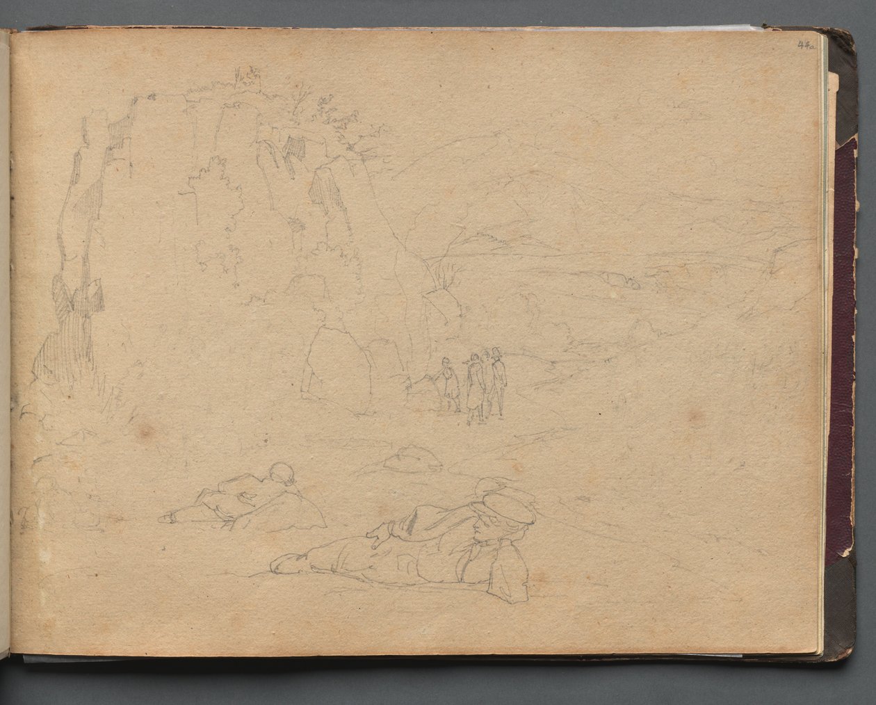 Album med udsigt over Rom og omgivelser, Landskabsstudier, side 44a: Figurer i et landskab. af Franz Johann Heinrich Nadorp