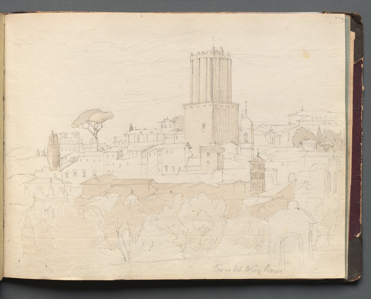 Album med udsigt over Rom og omgivelser, Landskabsstudier, side 47a: Torre del Nero, Rom. af Franz Johann Heinrich Nadorp