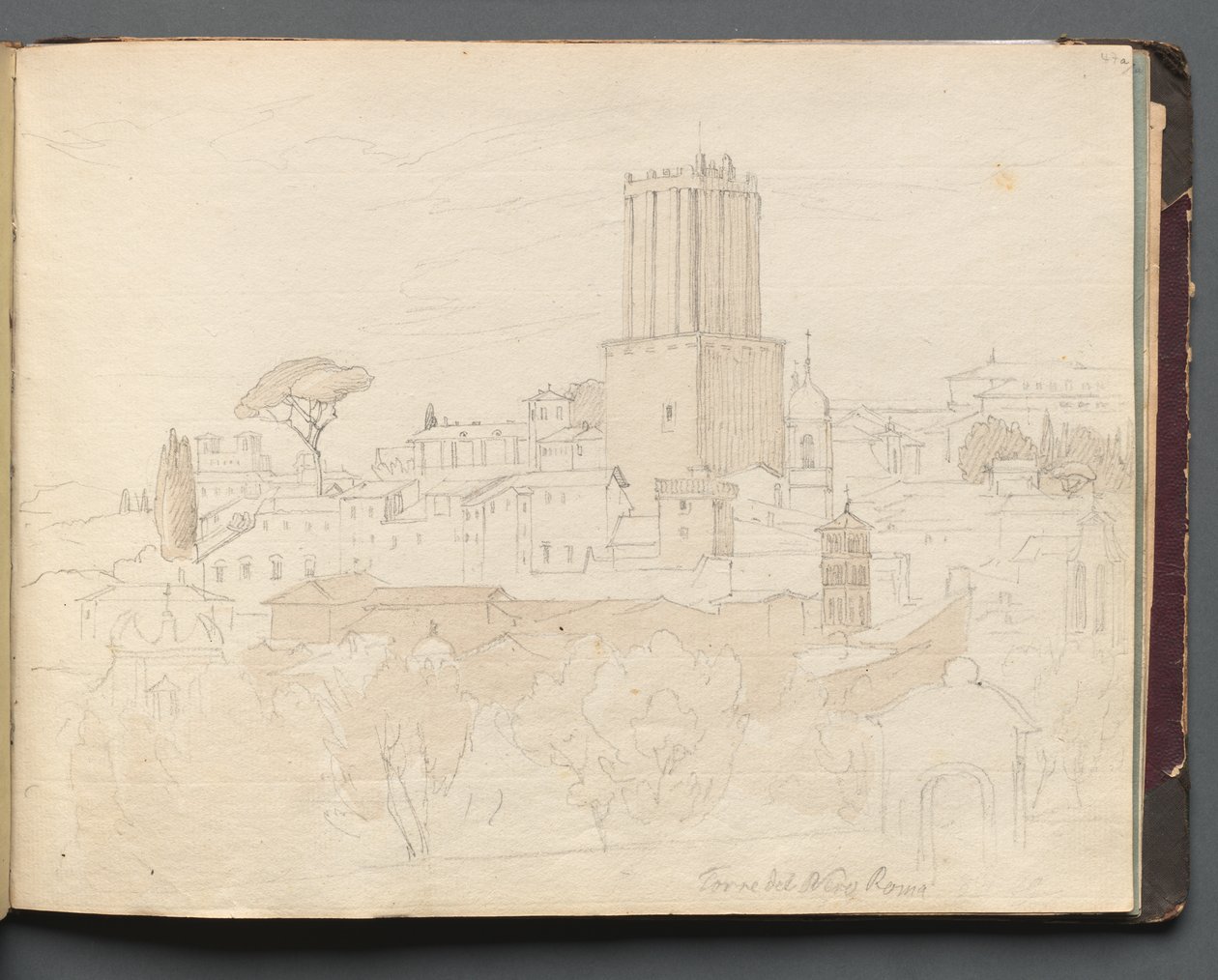 Album med udsigt over Rom og omgivelser, Landskabsstudier, side 47a: "Torre del Nero, Rom" af Franz Johann Heinrich Nadorp