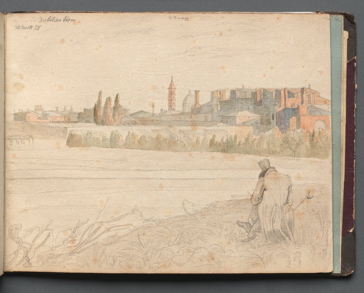 Album med udsigt over Rom og omgivelser, Landskabsstudier, side 48a: Romersk panoramaudsigt. af Franz Johann Heinrich Nadorp